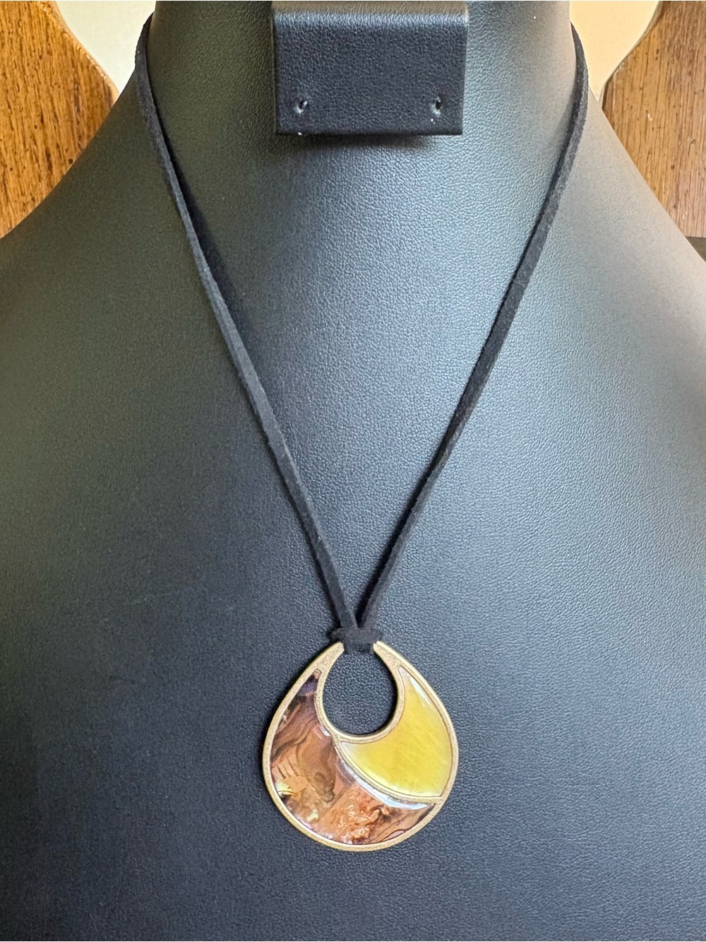 Lia Sophia two-tone enamel teardrop pendant necklace featuring a black cord.